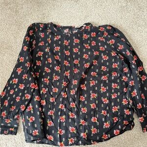 LOFT Black Blouse with Red Floral Pattern